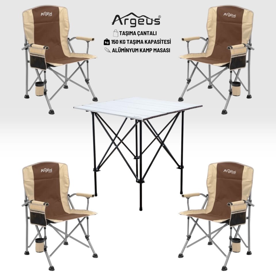 4 Adet Katlanır Kamp Sandalyesi ve Alüminyum Masa Seti - Rustic Silver - Kum