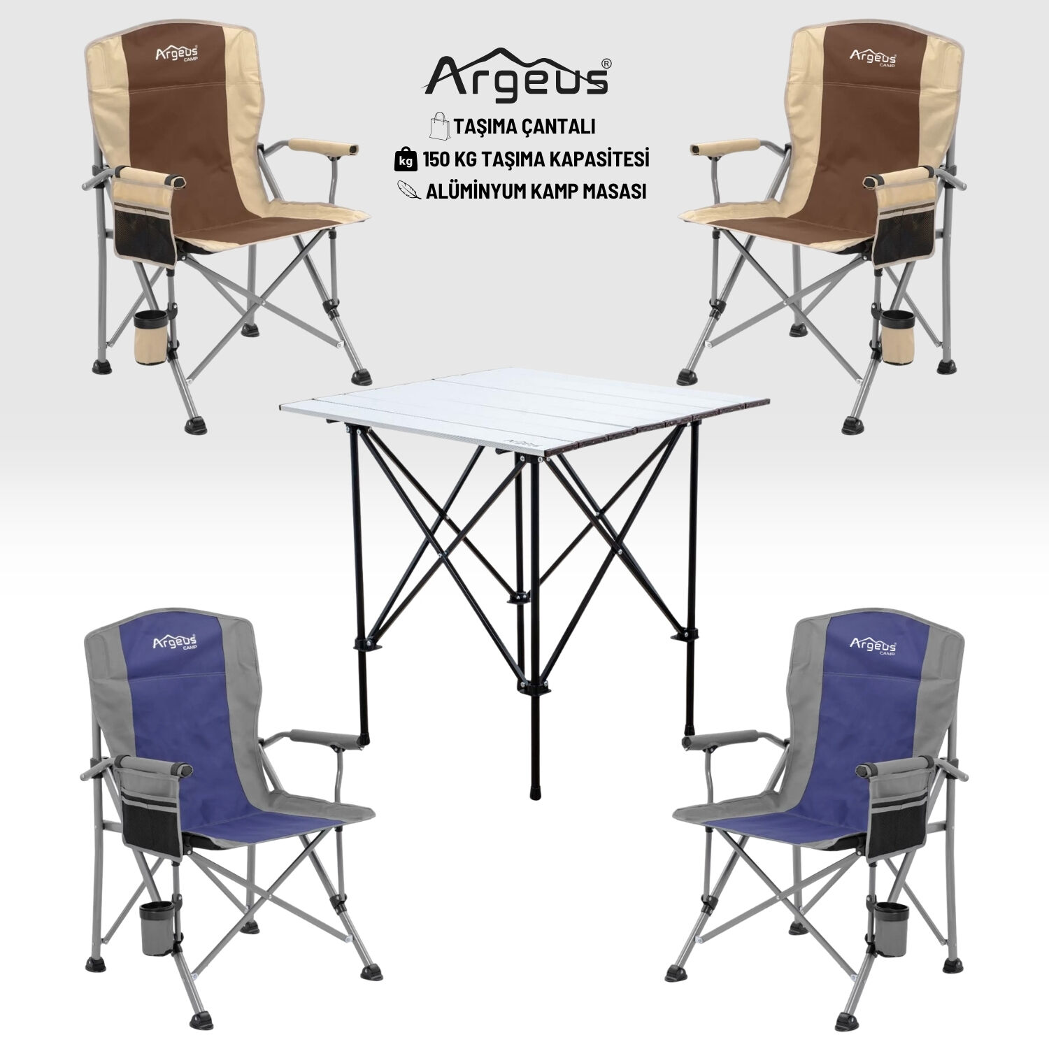 4 Adet Katlanır Kamp Sandalyesi ve Alüminyum Masa Seti - Rustic Silver -Kum/Mavi