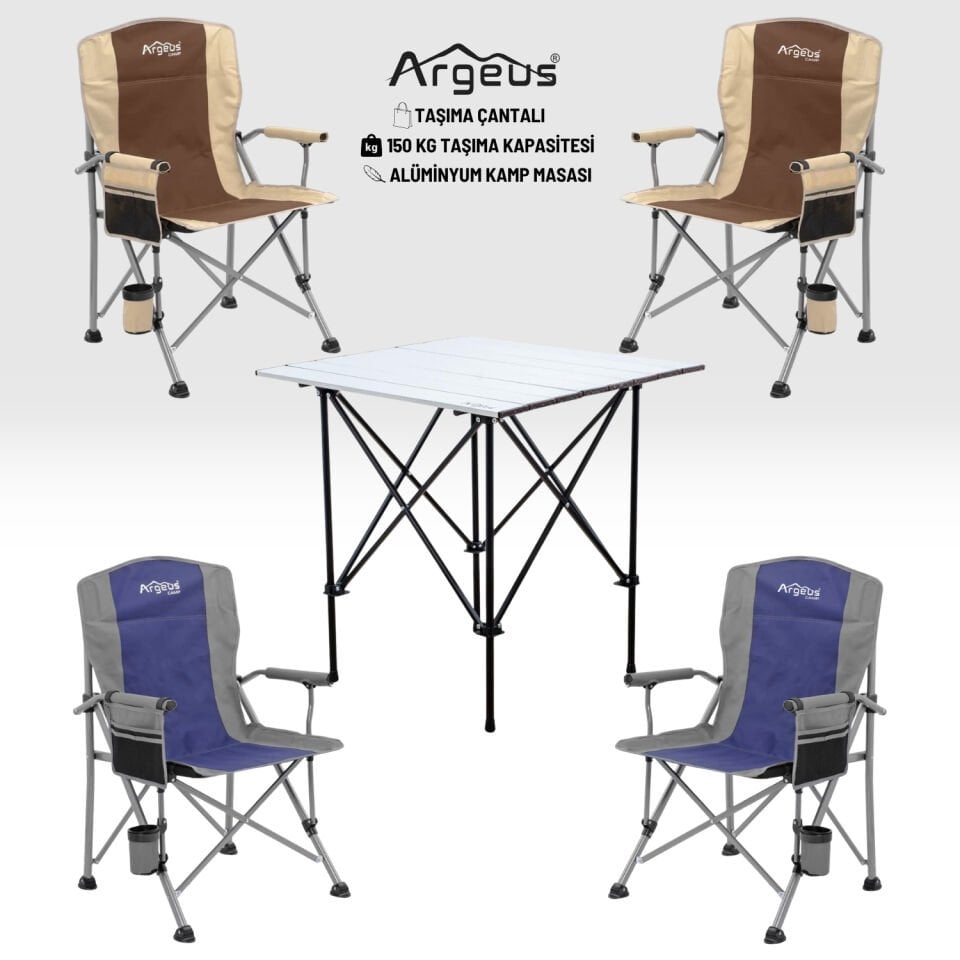 4 Adet Katlanır Kamp Sandalyesi ve Alüminyum Masa Seti - Rustic Silver -Kum/Mavi
