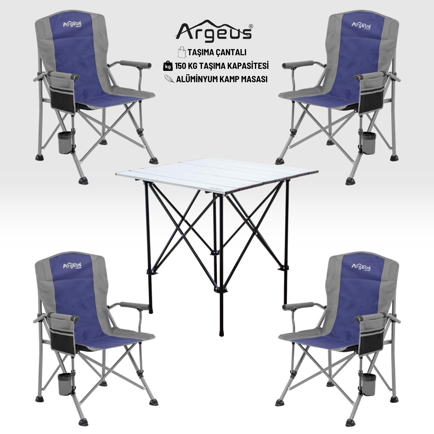 4 Adet Katlanır Kamp Sandalyesi ve Alüminyum Masa Seti - Rustic Silver - Mavi