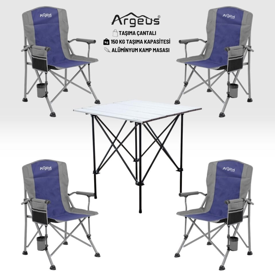 4 Adet Katlanır Kamp Sandalyesi ve Alüminyum Masa Seti - Rustic Silver - Mavi