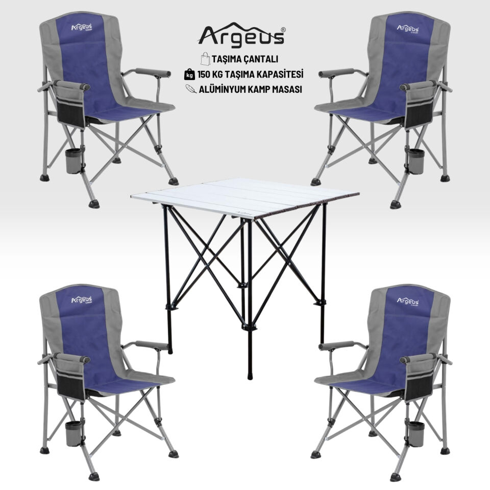 4 Adet Katlanır Kamp Sandalyesi ve Alüminyum Masa Seti - Rustic Silver - Mavi
