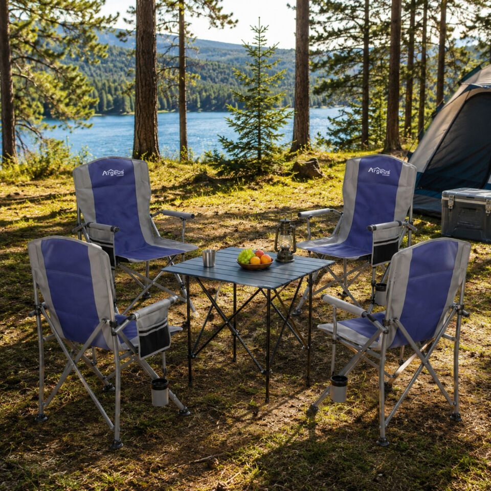 4 Adet Katlanır Kamp Sandalyesi ve Alüminyum Masa Seti - Rustic Silver - Mavi
