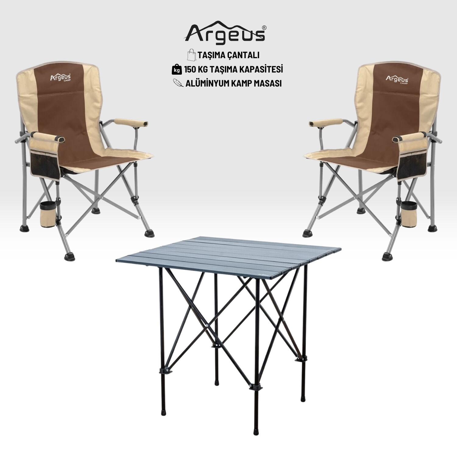 2 Adet Katlanır Kamp Sandalyesi ve Alüminyum Masa Seti - Rustic Dark - Kum