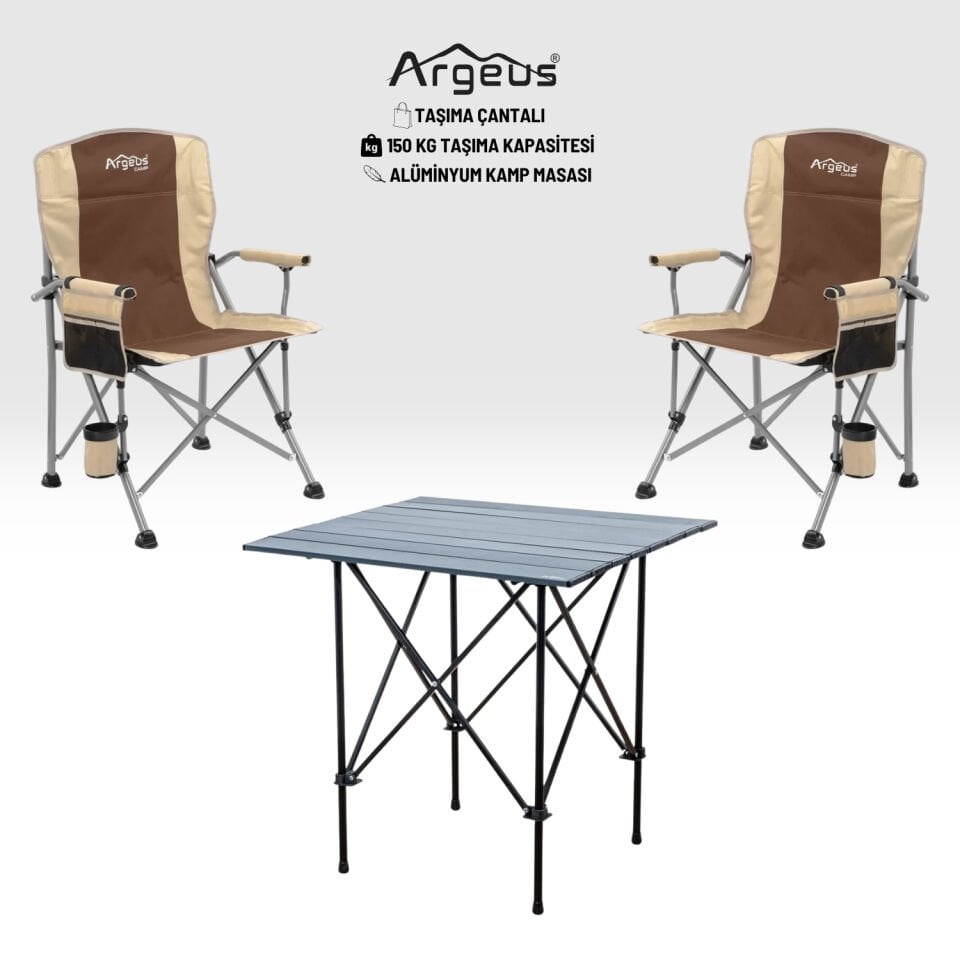 2 Adet Katlanır Kamp Sandalyesi ve Alüminyum Masa Seti - Rustic Dark - Kum