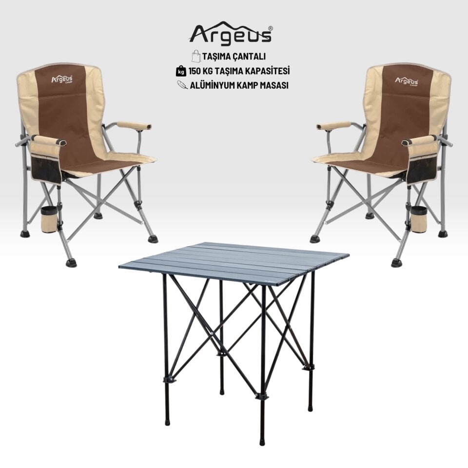 2 Adet Katlanır Kamp Sandalyesi ve Alüminyum Masa Seti - Rustic Dark - Kum