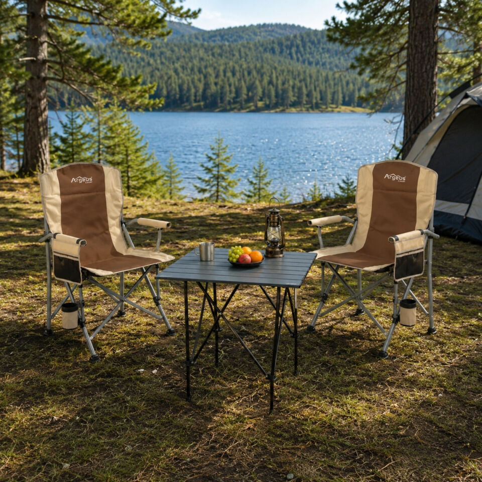 2 Adet Katlanır Kamp Sandalyesi ve Alüminyum Masa Seti - Rustic Dark - Kum