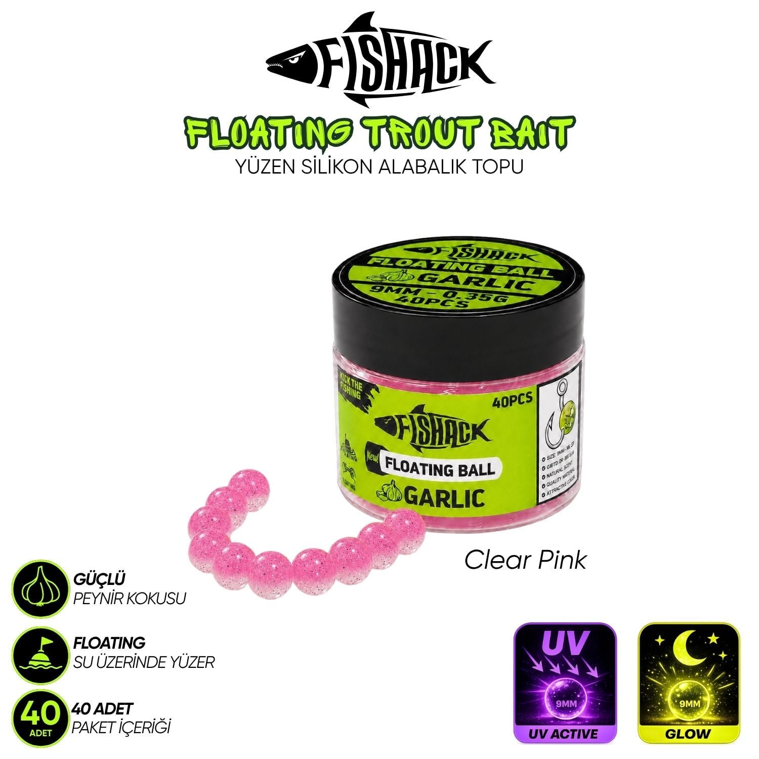 Yüzen Silikon Alabalık Topu - Fishack EggX - 40 Adet - Sarımsak Kokulu Clear Pink
