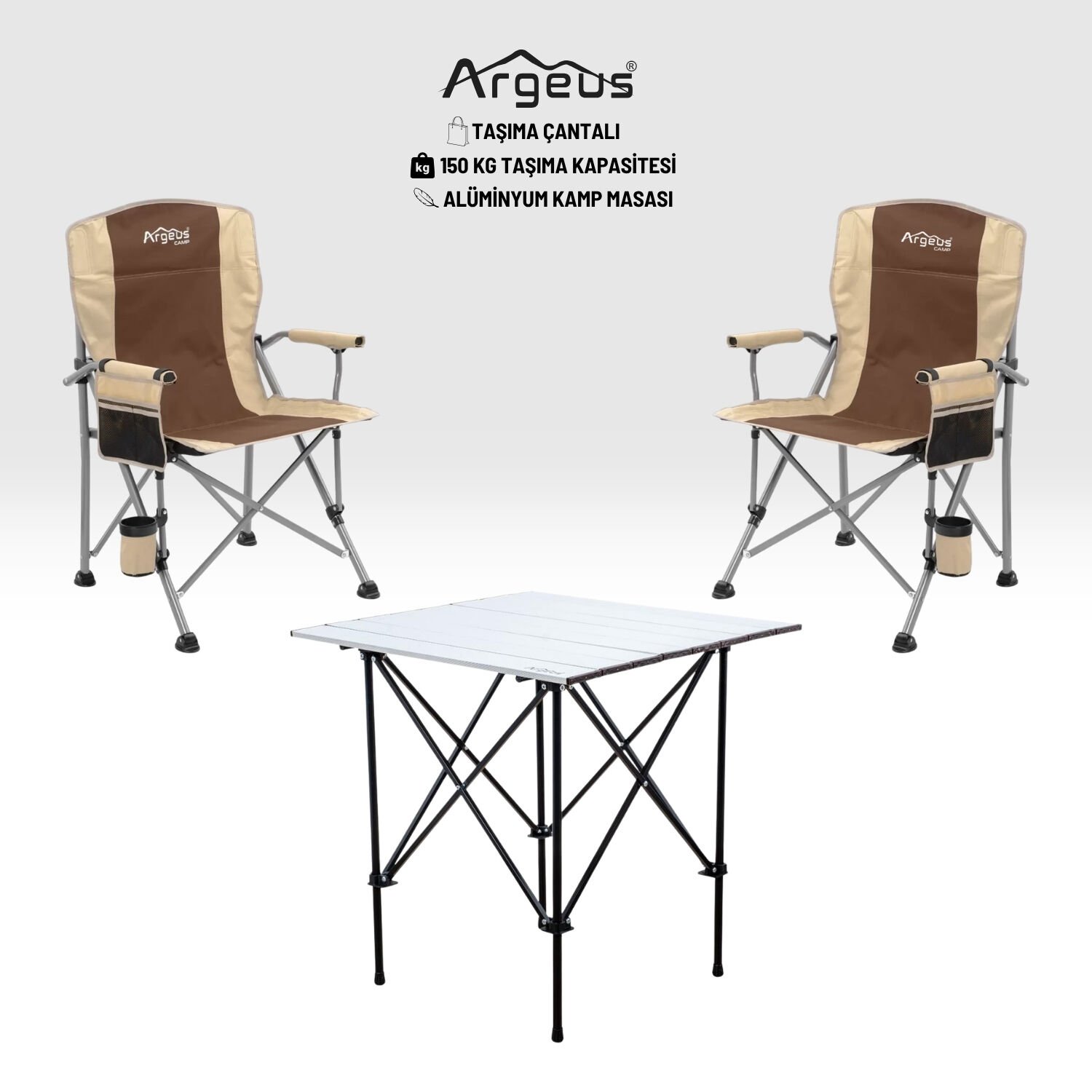 2 Adet Katlanır Kamp Sandalyesi ve Alüminyum Masa Seti - Rustic Silver - Kum