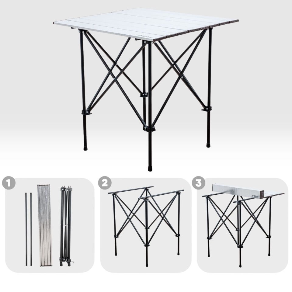 2 Adet Katlanır Kamp Sandalyesi ve Alüminyum Masa Seti - Rustic Silver - Kum