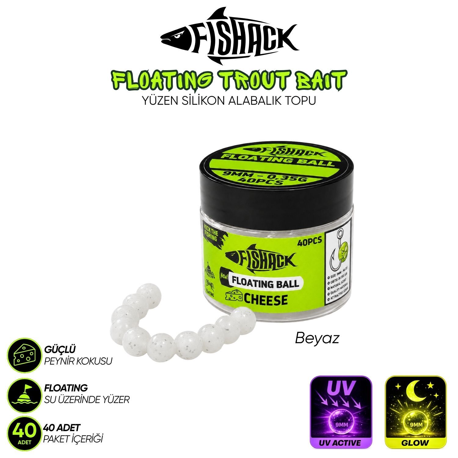 Yüzen Silikon Alabalık Topu - Fishack EggX - 40 Adet - Peynir Kokulu Beyaz