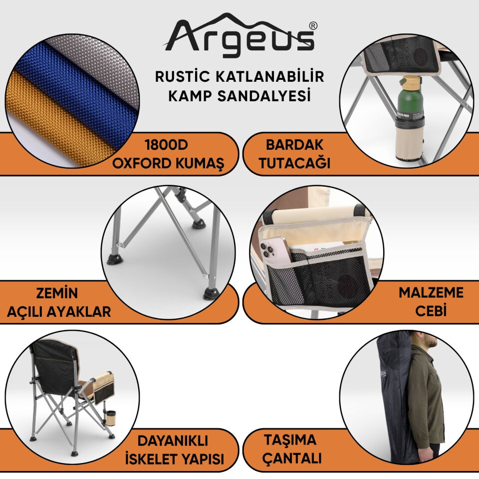 2 Adet Katlanır Kamp Sandalyesi ve Alüminyum Masa Seti - Rustic Silver -Kum/Mavi