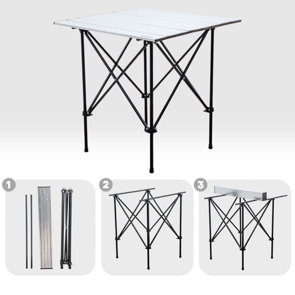 2 Adet Katlanır Kamp Sandalyesi ve Alüminyum Masa Seti - Rustic Silver -Kum/Mavi
