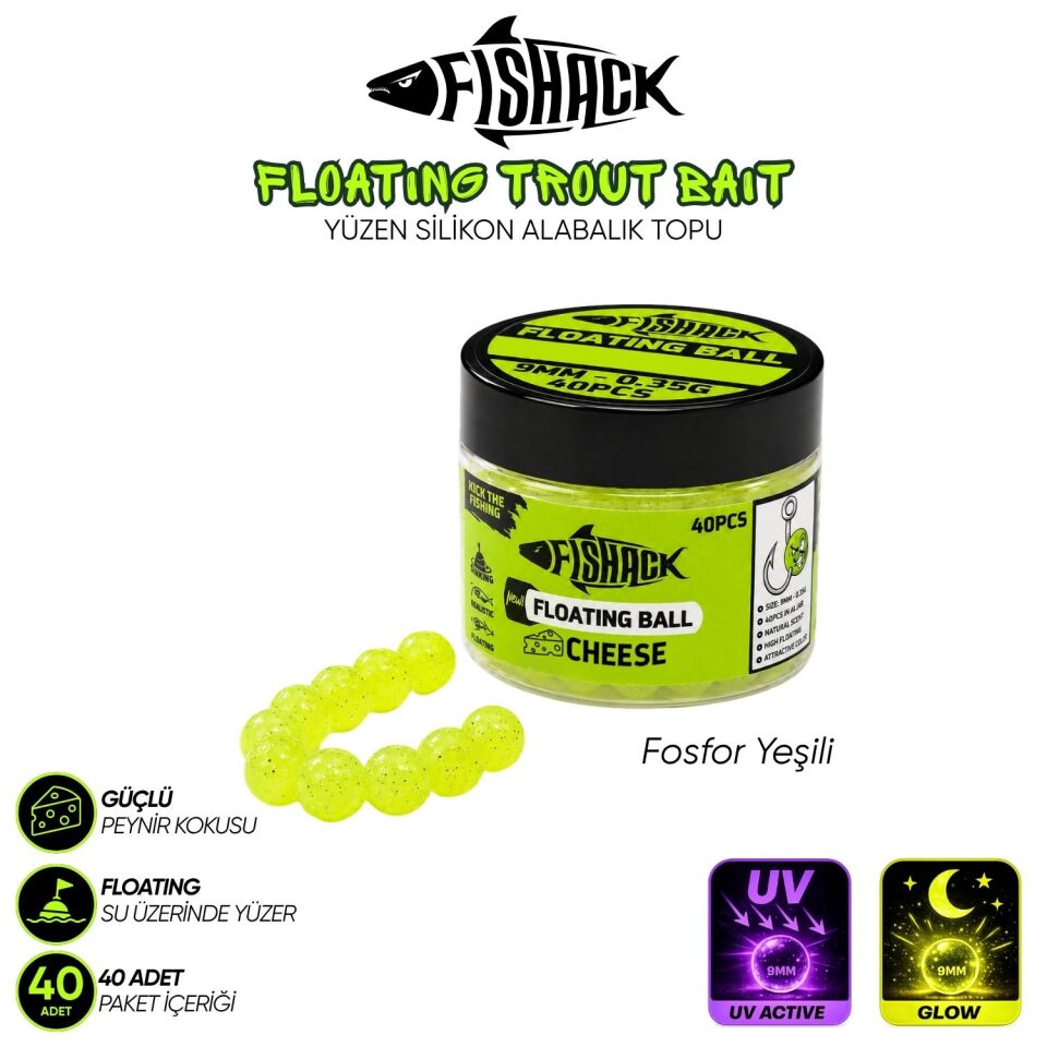 Yüzen Silikon Alabalık Topu - Fishack EggX - 40 Adet - Peynir Kokulu Fosfor Yeşili