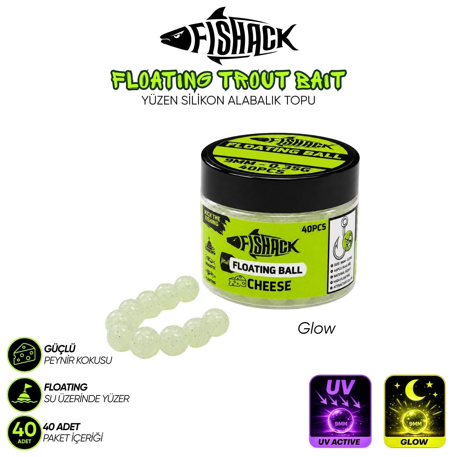 Yüzen Silikon Alabalık Topu - Fishack EggX - 40 Adet - Peynir Kokulu Glow