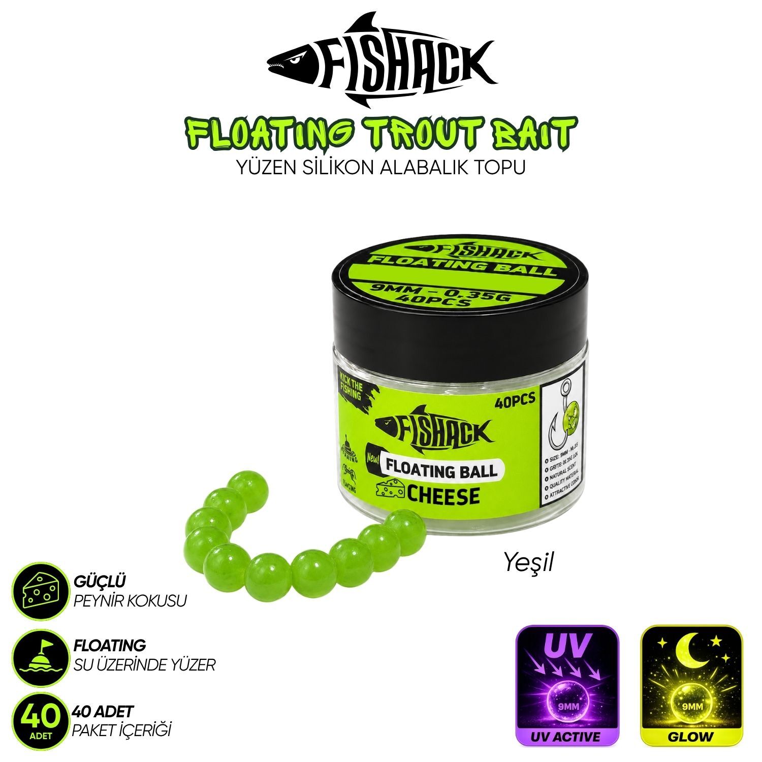 Yüzen Silikon Alabalık Topu - Fishack EggX - 40 Adet - Peynir Kokulu Yeşil