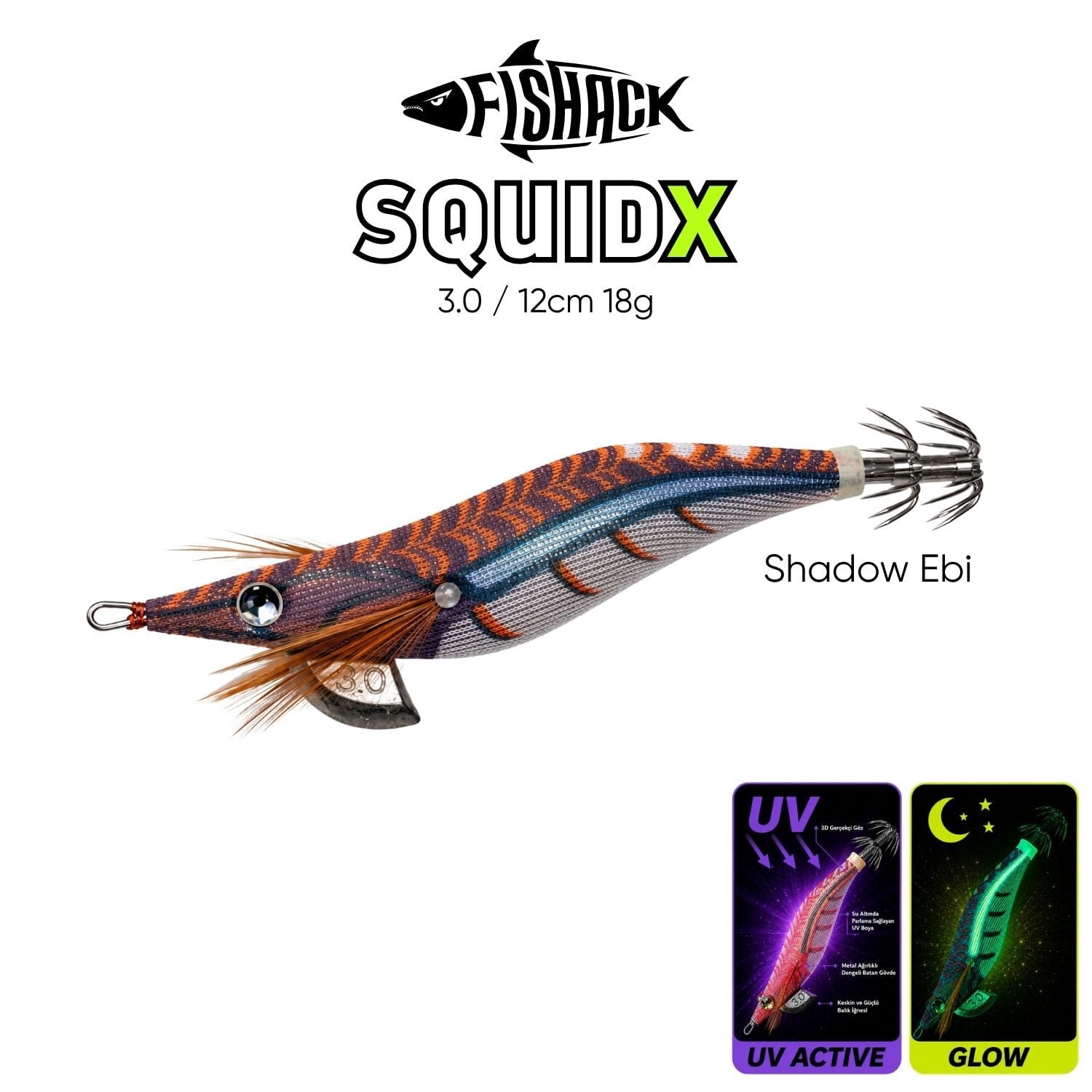 Kalamar Zokası - Fishack SquidX - Glow Body - #3.0 18g 120mm Shadow Ebi