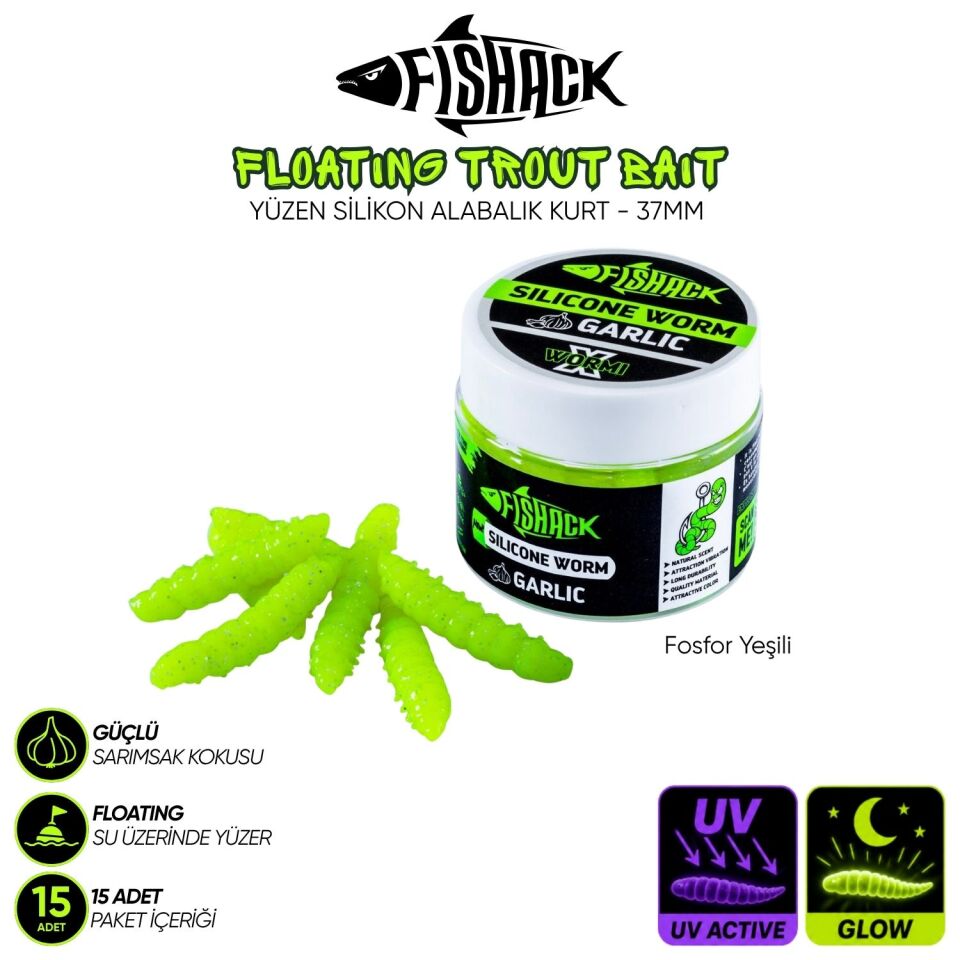 Yüzen Silikon Kurt - Glow Alabalık Yemi - 37mm - Sarımsak Kokulu Fosfor Yeşili