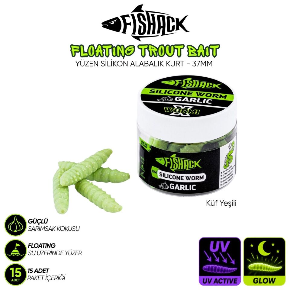 Yüzen Silikon Kurt - Glow Alabalık Yemi - 37mm - Sarımsak Kokulu Küf Yeşili