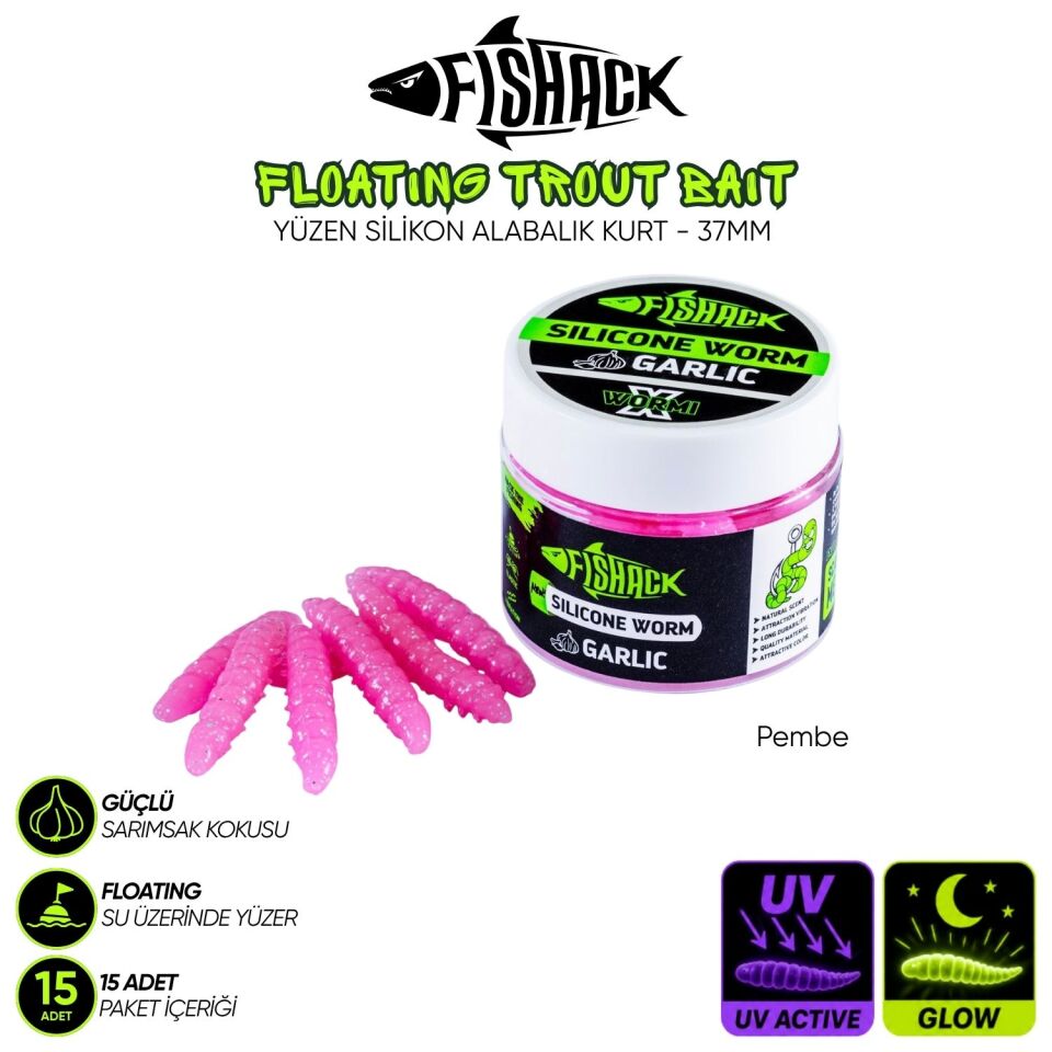 Yüzen Silikon Kurt - Glow Alabalık Yemi - 37mm - Sarımsak Kokulu Pembe