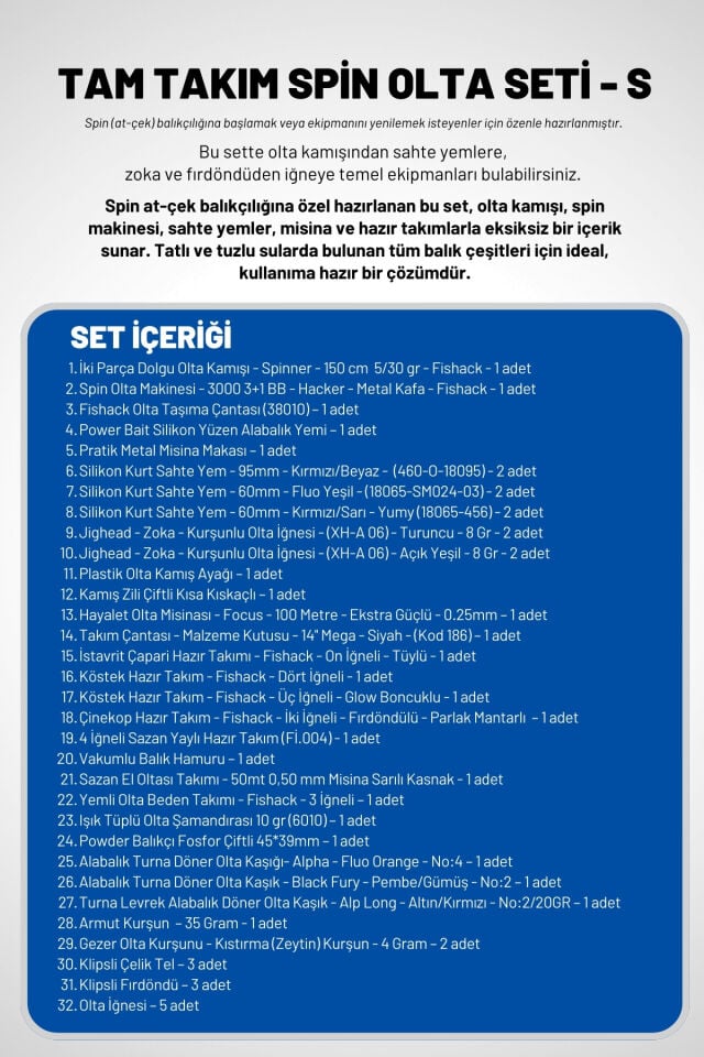 Tam Takım Spin Olta Seti - 150cm Kamış 5-30GR / 3000'lik 3+1BB Makine - S