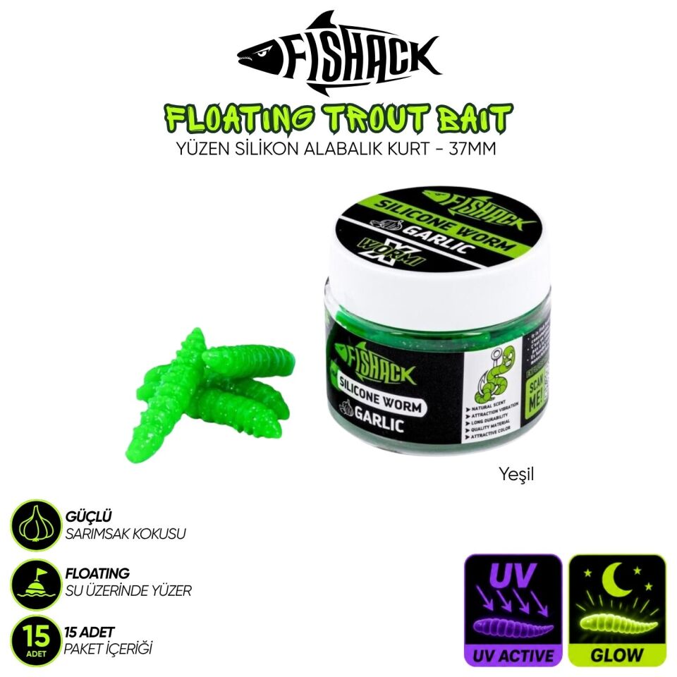 Yüzen Silikon Kurt - Glow Alabalık Yemi - 37mm - Sarımsak Kokulu Yeşil