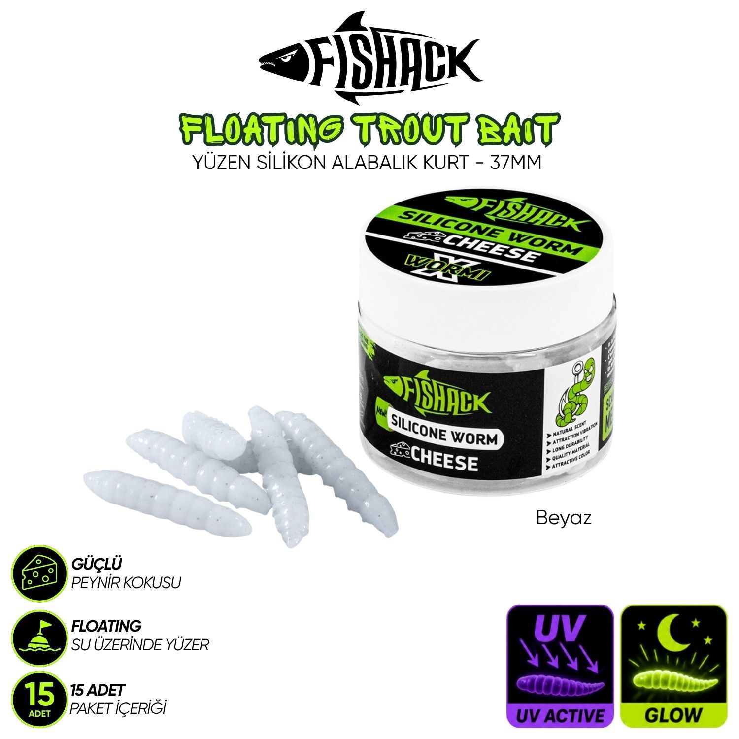 Yüzen Silikon Kurt - Glow Alabalık Yemi - 37mm - Peynir Kokulu Beyaz