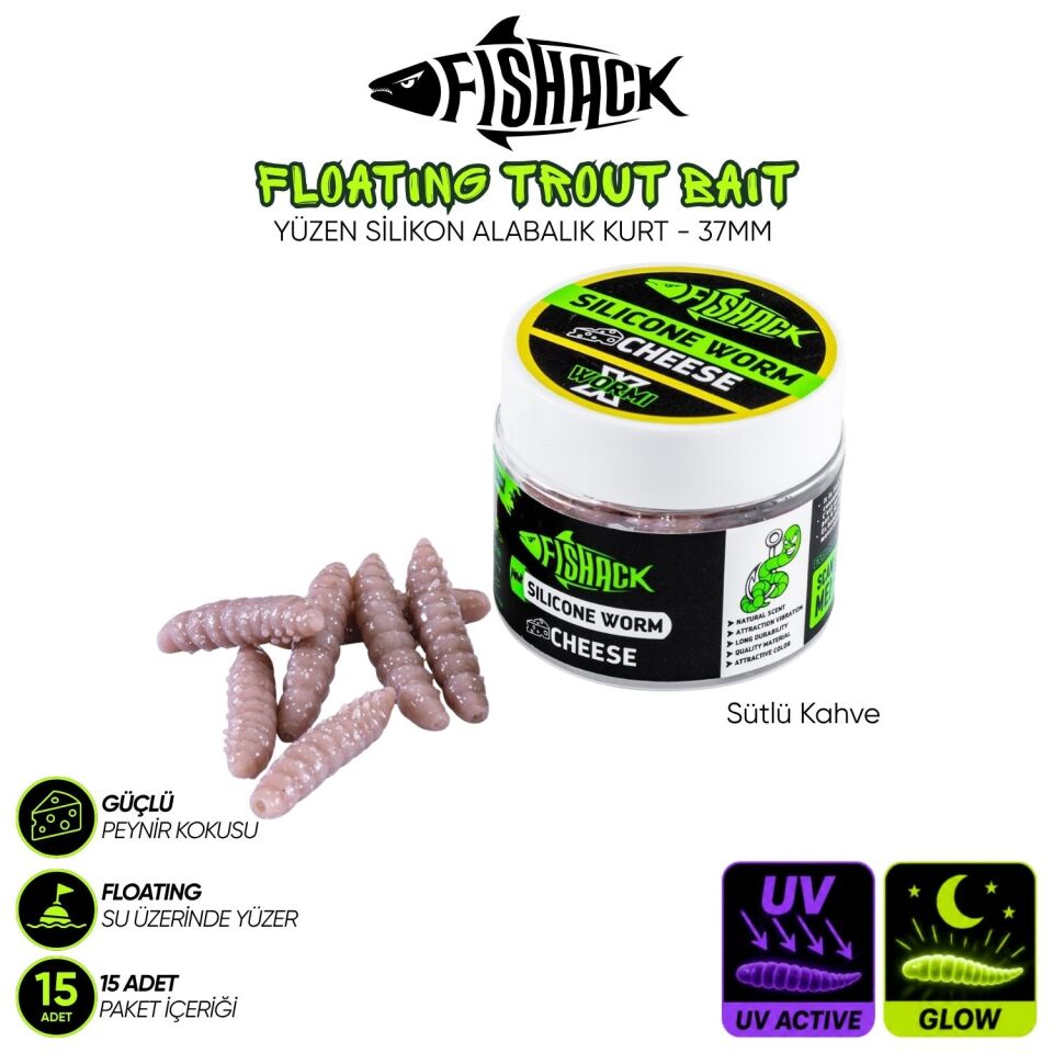 Yüzen Silikon Kurt - Glow Alabalık Yemi - 37mm - Peynir Kokulu Sütlü Kahve