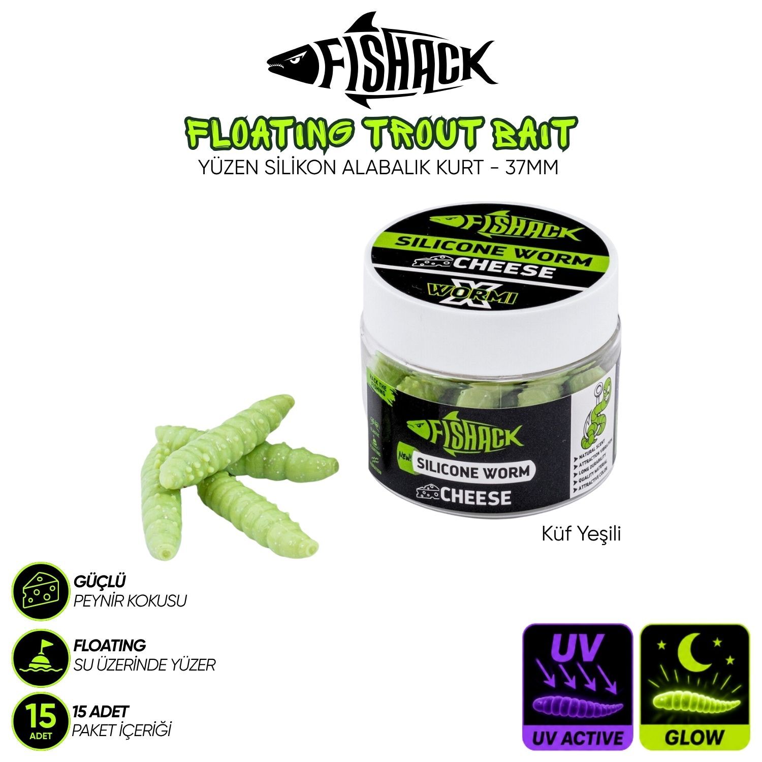 Yüzen Silikon Kurt - Glow Alabalık Yemi - 37mm - Peynir Kokulu Küf Yeşili