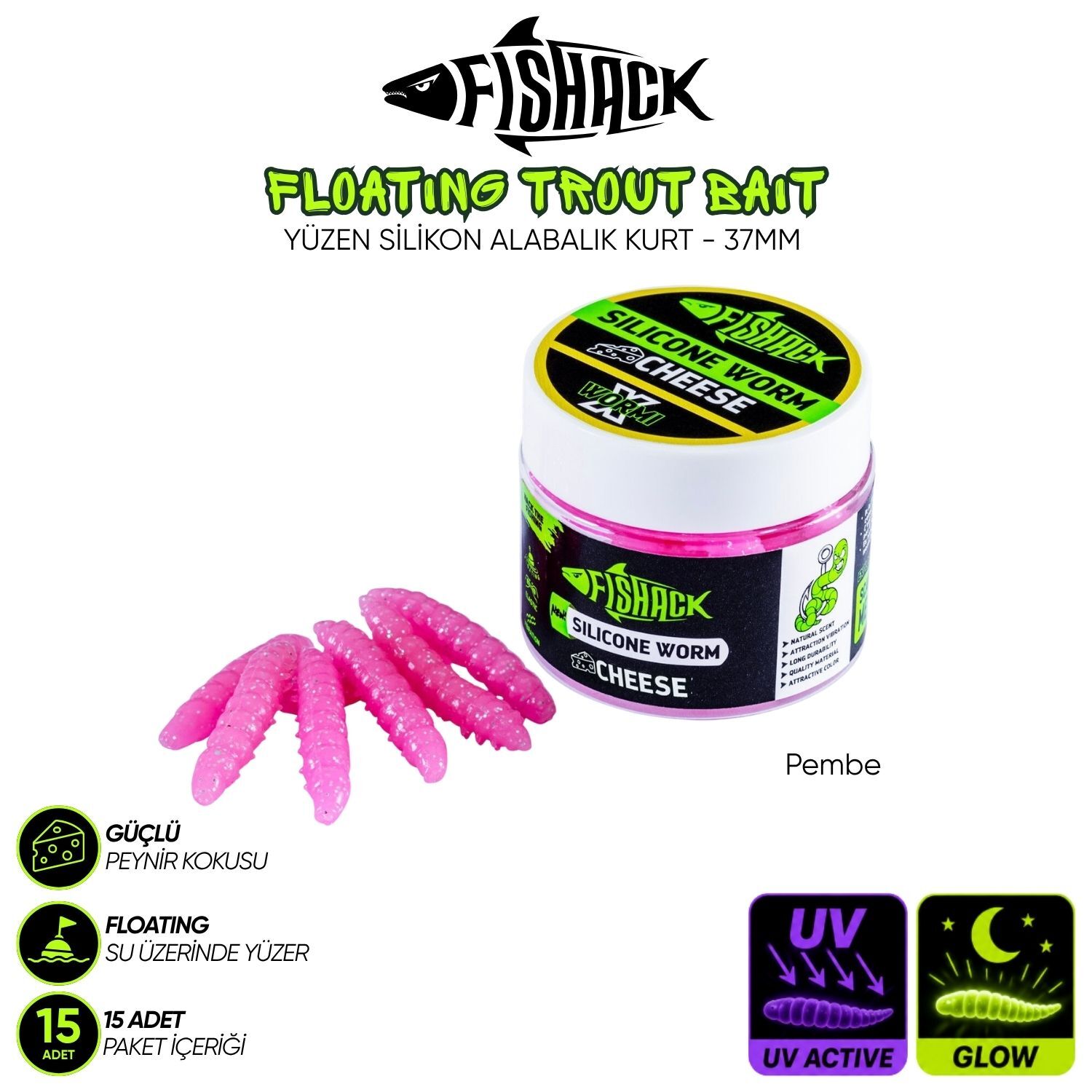 Yüzen Silikon Kurt - Glow Alabalık Yemi - 37mm - Peynir Kokulu Pembe