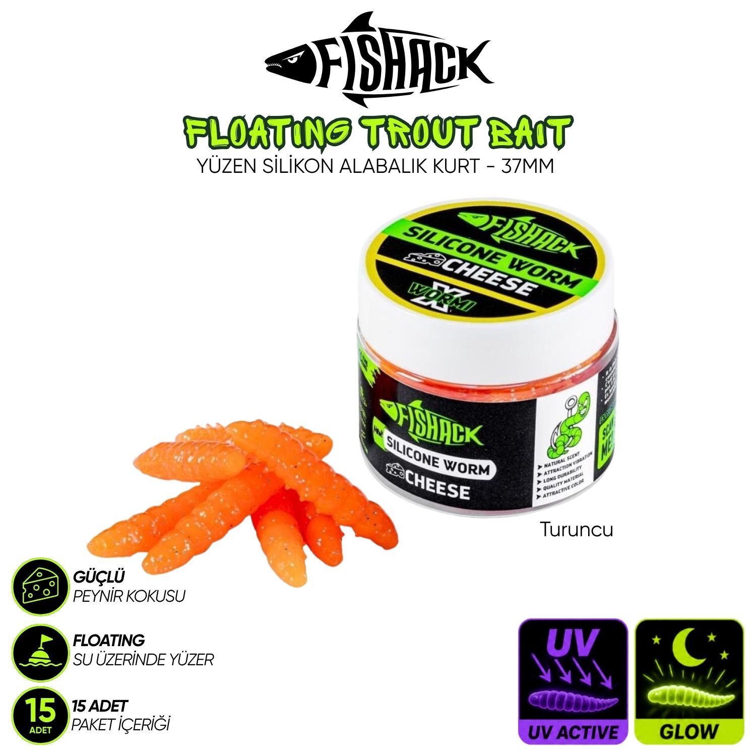 Yüzen Silikon Kurt - Glow Alabalık Yemi - 37mm - Peynir Kokulu Turuncu