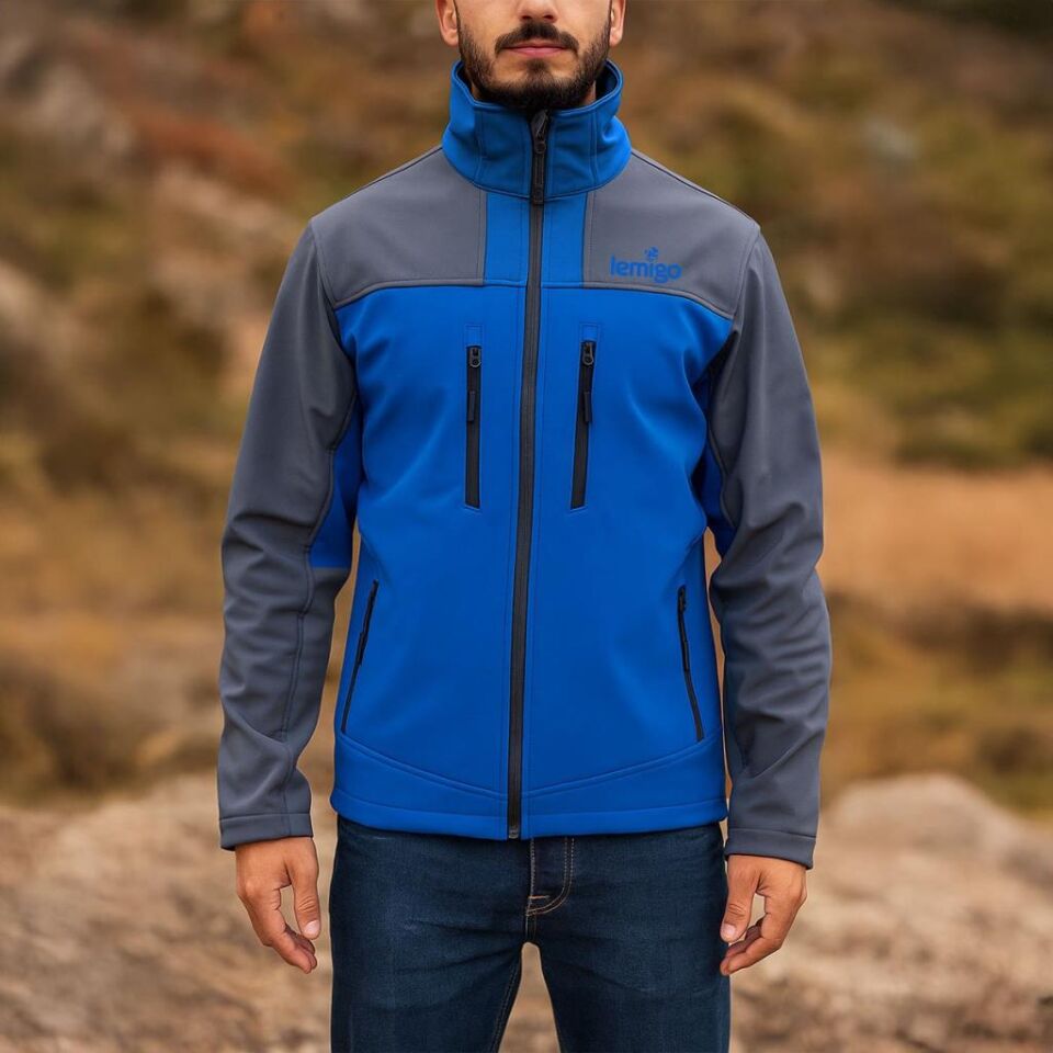 Su ve Rüzgar Geçirmez Softshell Mont - Lemigo - Mavi-Gri