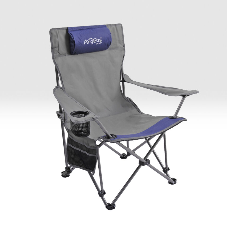 Sırt Ayarlı Katlanabilir Kamp Sandalyesi - 4 Kademeli - Lounge - Gri/Mavi