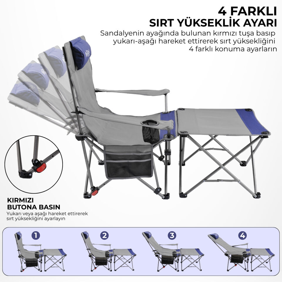 Sırt Ayarlı Katlanabilir Kamp Sandalyesi - 4 Kademeli - Lounge - Gri/Mavi