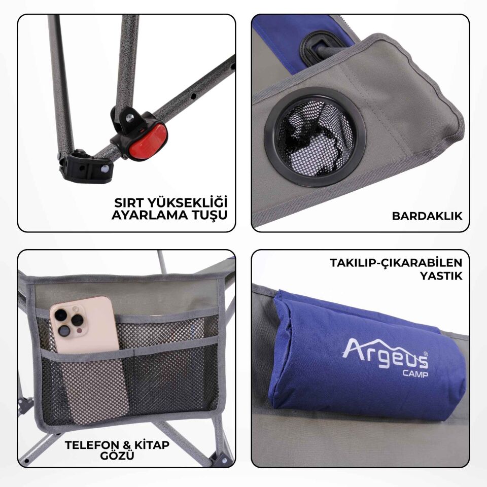 Sırt Ayarlı Katlanabilir Kamp Sandalyesi - 4 Kademeli - Lounge - Gri/Mavi