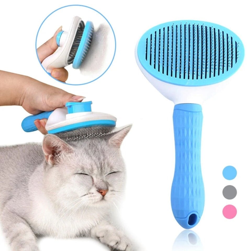 Kedi Tarağı - Otomatik Temizlenen Tuşlu - Mavi (8601)