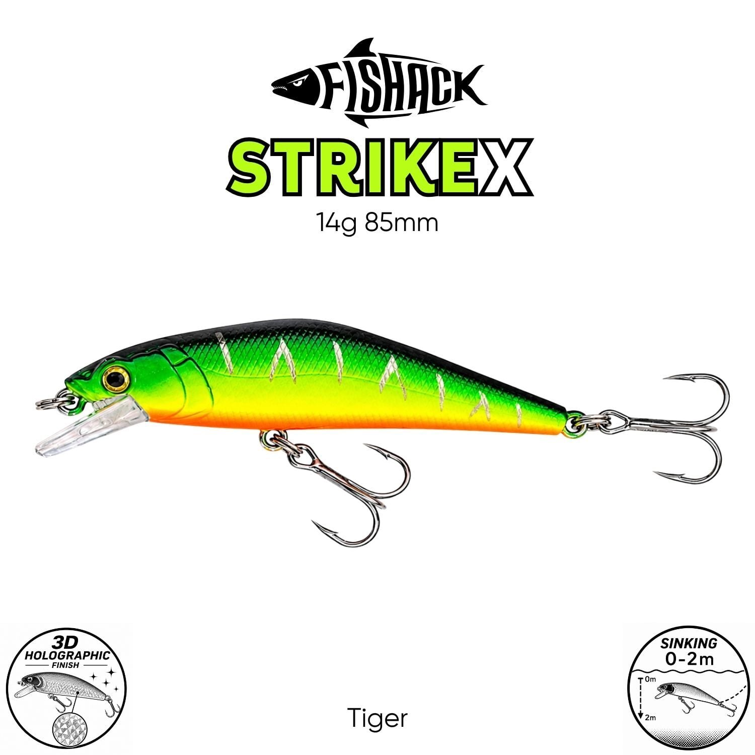 Maket Balık - Fishack StrikeX - Sinking - 3D Hologram Paint - 14g 85mm Tiger