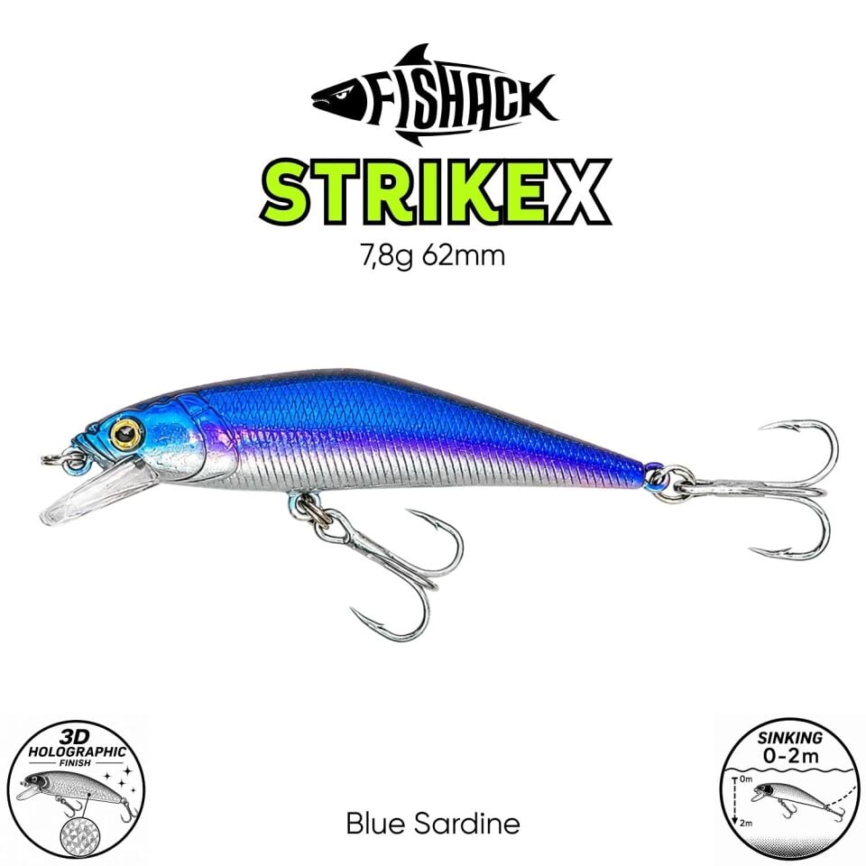 Maket Balık - Fishack StrikeX - Sinking - 3D Hologram Paint - 7,8g 62mm Blue Sardine