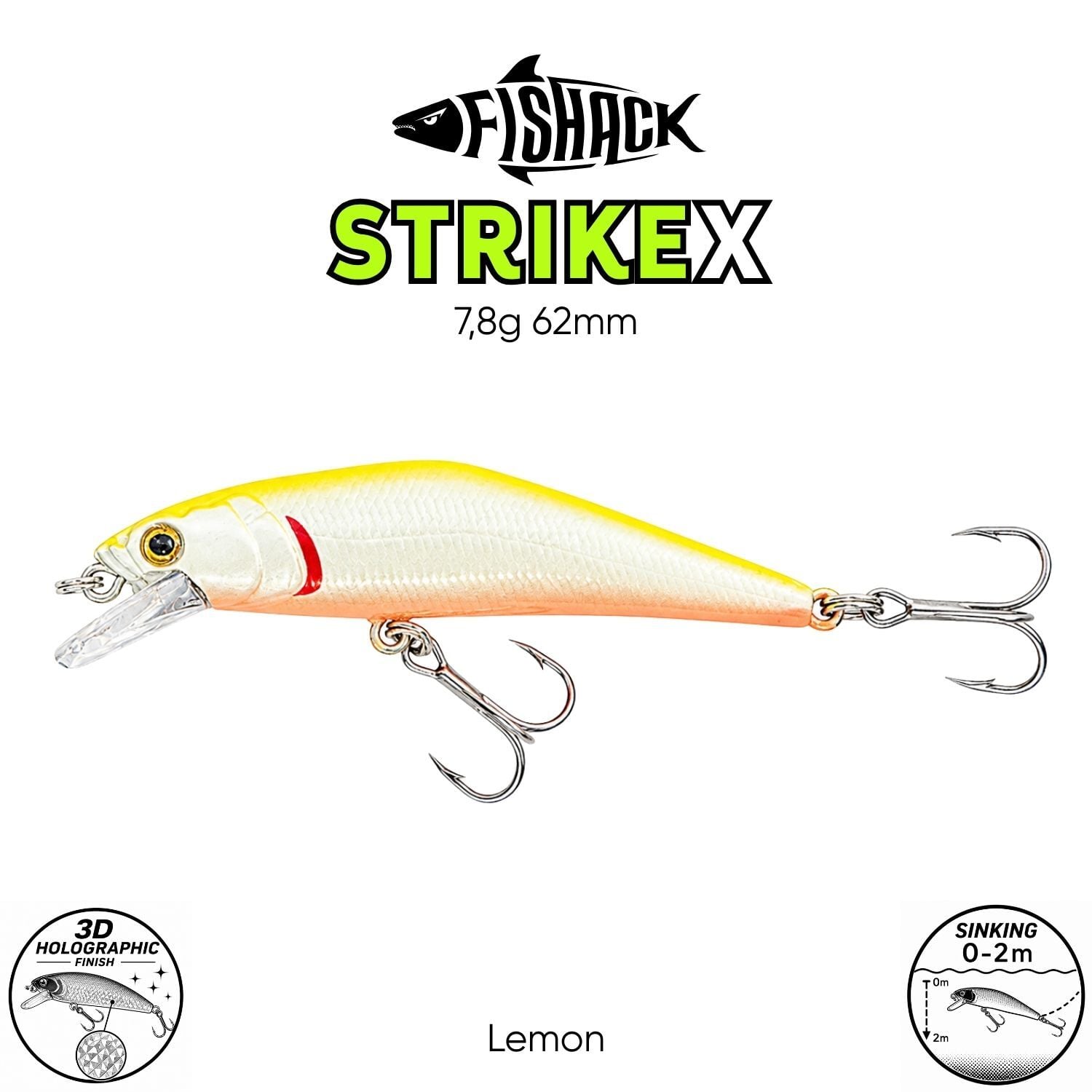 Maket Balık - Fishack StrikeX - Sinking - 3D Hologram Paint - 7,8g 62mm Lemon