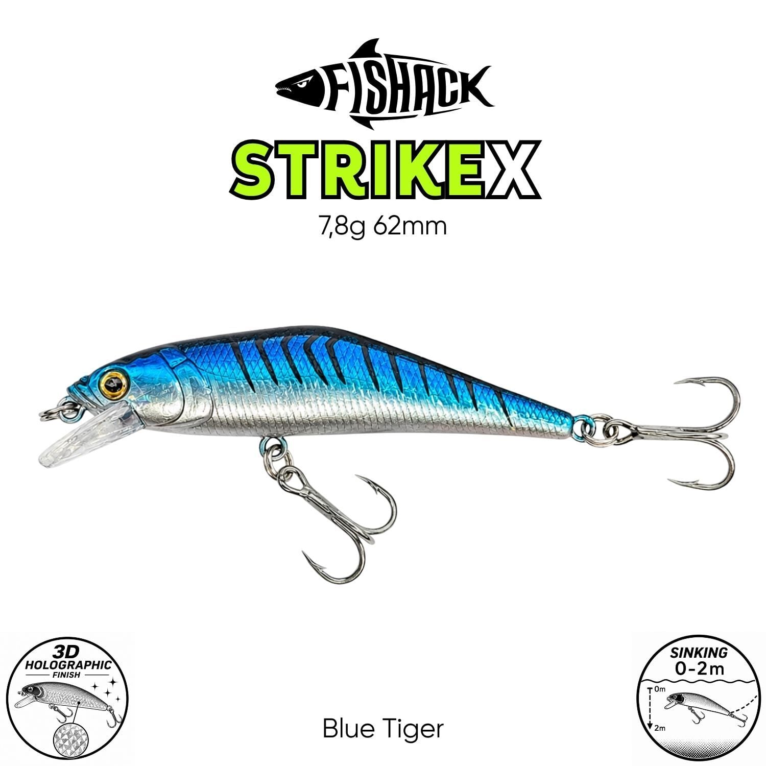 Maket Balık - Fishack StrikeX - Sinking - 3D Hologram Paint - 7,8g 62mm Blue Tiger